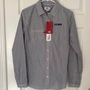NWT. Cutter & Buck Navy and White Striped UCONN Button-Down Shirt